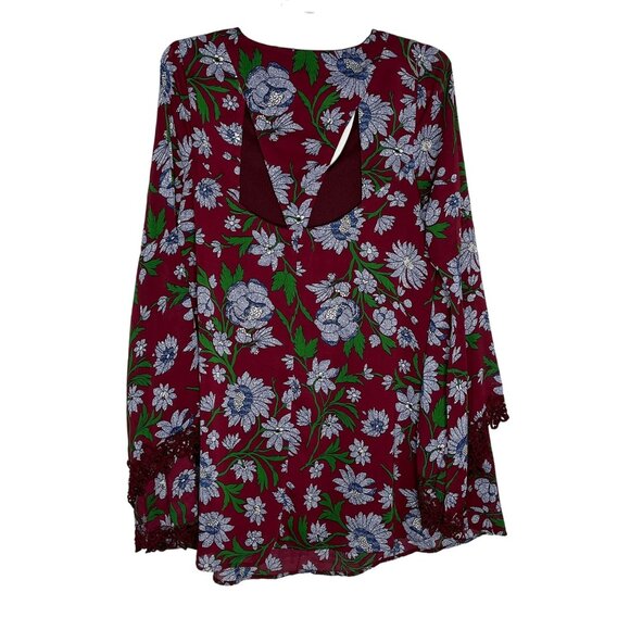 Entro Boho Bell Sleeve Floral Mini Dress Burgundy Blue Size Large - Picture 9 of 12